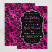 ピンク & ブラック グリッター フラワー ダマスク 21歳の誕生日 招待状 (正面/裏面)