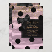 ピンク ブラック ゴールドのドットがおしゃれなリボン グラマラス パーティー 招待状 (正面/裏面)
