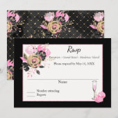ピンク、ブラック、ゴールドの花柄のRSVPです。 招待状 (正面/裏面)
