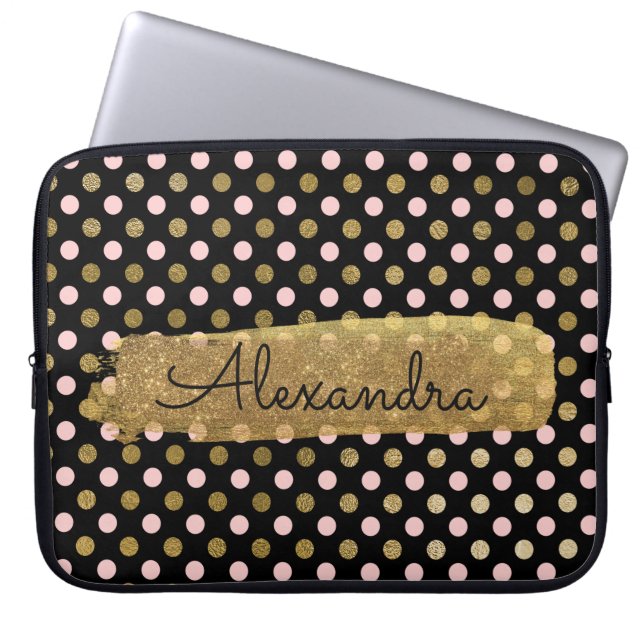 ピンク、ブラック、ゴールドフォイルの水玉模様名 ラップトップスリーブ (正面)