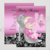 ピンク ブラック シューズ & スノーフレーク ガール ベイビー シャワー 招待状 (正面/裏面)