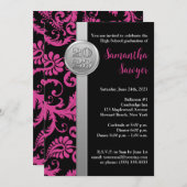 ピンク、ブラック、シルバーの卒業招待状 招待状 (正面/裏面)