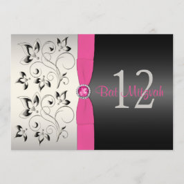 ピンク、ブラック、シルバーグレーフローラバルミツワー招待状 招待状