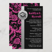 ピンク、ブラック、シルバー卒業キャップ招待状 招待状 (正面/裏面)