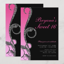 ピンク ブラック シルバー グリッター スワール スイート16 パーティー 招待状