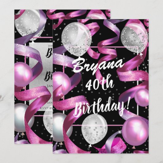 ピンク ブラック シルバー グリッター 風船 40歳 誕生日 招待状 (正面/裏面)