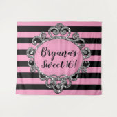 ピンク ブラック シルバー ストライプ バースデー パーティー 背景 タペストリー (正面(横))