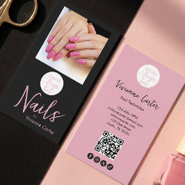 ピンク ブラック スクリプト ロゴ QRコード 写真 ネイルサロン 名刺