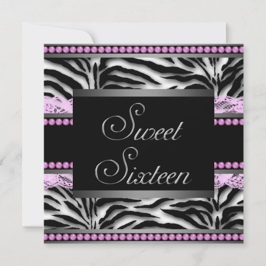 ピンク ブラック ゼブラ Sweet 16 パーティー 招待状 (正面)