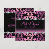 ピンク & ブラック ダマスク & ダイヤモンド バット ミッツヴァ 招待状 (正面/裏面)