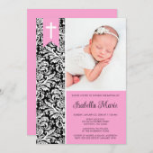 ピンク ブラック ダマスク バナー 十字架 フォト 洗礼 招待状 (正面/裏面)