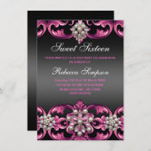 ピンク/ブラック ダマスク＆パール スウィート16 誕生日招待状 招待状 (正面/裏面)