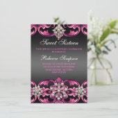 ピンク/ブラック ダマスク＆パール スウィート16 誕生日招待状 招待状 (スタンド正面)