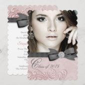ピンク ブラック ダマスク フォト 卒業発表 招待状 (正面/裏面)