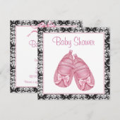 ピンク ブラック ダマスク 赤ちゃん女の子 シャワー 招待状 (正面/裏面)