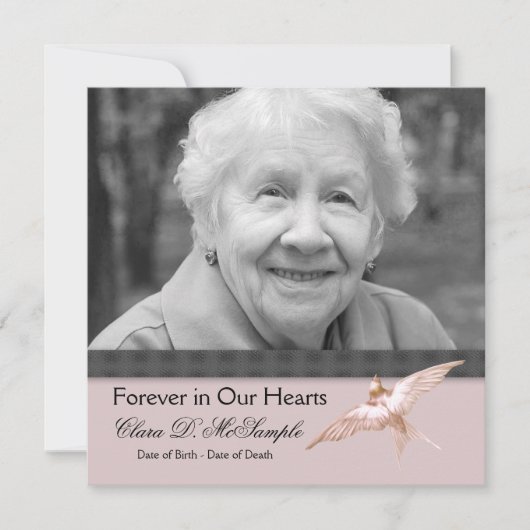 ピンク ブラック ダヴ 女性の写真 葬儀のお知らせ 招待状 (正面)