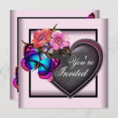 ピンク ブラック ハート バタフライ パーティー 招待状 (正面/裏面)