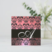 ピンク、ブラック、パープルのダマスク モノグラム 、ホワイト 招待状 (スタンド正面)