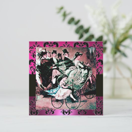 ピンク、ブラック、パープルのダマスク モノグラム 、白、フクシア 招待状 (スタンド正面)