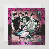 ピンク、ブラック、パープルのダマスク モノグラム 、白、フクシア 招待状 (正面)