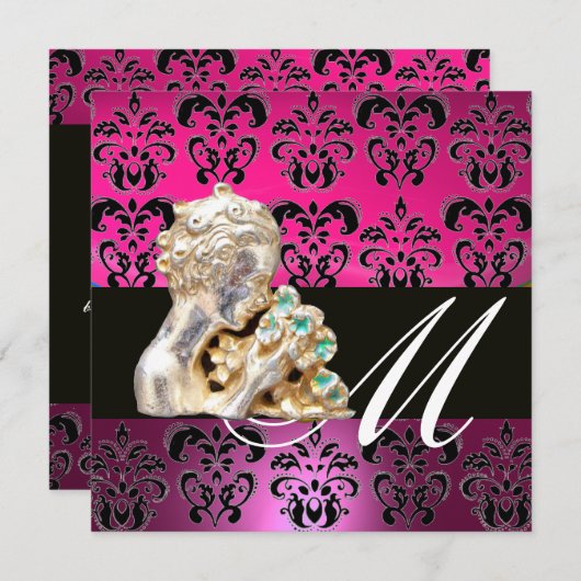 ピンク、ブラック、パープル、ダマスクジュエルモノグラム フクシア 招待状 (正面/裏面)