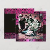 ピンク、ブラック、パープル ダマスク モノグラム、ホワイト、フクシア 招待状 (正面/裏面)