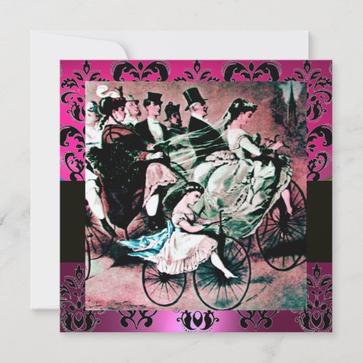 ピンク、ブラック、パープル ダマスク モノグラム、ホワイト、フクシア 招待状 (正面)