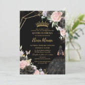 ピンク ブラック パープル ローズ ドレス ゴールド キンセアニエラ XV 招待状 (スタンド正面)