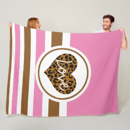 ピンク、ブラック&ブラウンアニマルプリントラブハート フリースブランケット