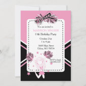 ピンク、ブラック＆ホワイトのチアリーダー誕生日パーティー 招待状 (正面)