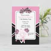 ピンク、ブラック＆ホワイトのチアリーダー誕生日パーティー 招待状 (スタンド正面)
