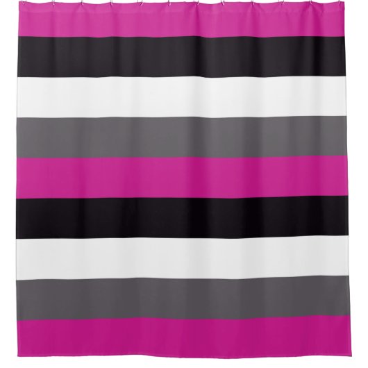 ピンク、ブラック、ホワイト、グレーのストライプ各オプション シャワーカーテン (正面)