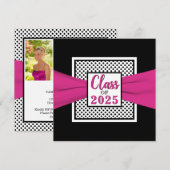 ピンク ブラック ホワイト ポルカドット フォト 卒業パーティ 招待状 (正面/裏面)