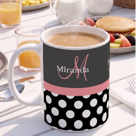 ピンク ブラック ホワイト 水玉 モノグラム コーヒーマグカップ