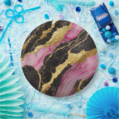 ピンク ブラック マーブル模様 ゴールド ペーパープレート (パーティー)