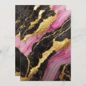ピンク ブラック マーブル模様 ゴールド 招待状 (正面/裏面)