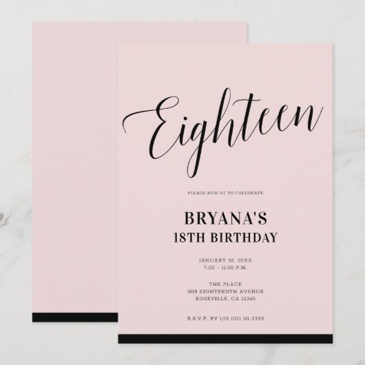 ピンク ブラック モダン ミニマル スクリプト エイティーン 18 18 18番目 招待状 (正面/裏面)