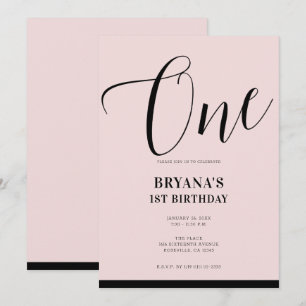 ピンク ブラック モダン ミニマル スクリプト ワン 1歳 誕生日 招待状