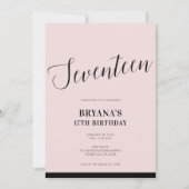 ピンク ブラック モダン ミニマル スクリプト 17 17 17歳 招待状 (正面)