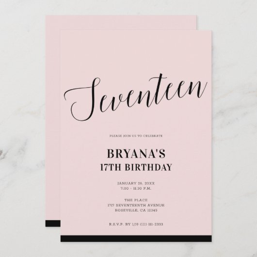 ピンク ブラック モダン ミニマル スクリプト 17 17 17歳 招待状 (正面/裏面)