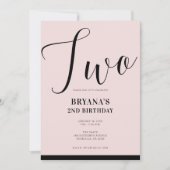 ピンク ブラック モダン ミニマル スクリプト 2歳の誕生日おめでとう  招待状 (正面)