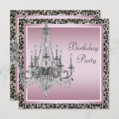 ピンク ブラック レパード シャンデリア バースデーパーティー 招待状 (正面/裏面)