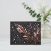 ピンク & ブラック 装飾 羽根 & ラインストーン ポストカード (スタンド正面)