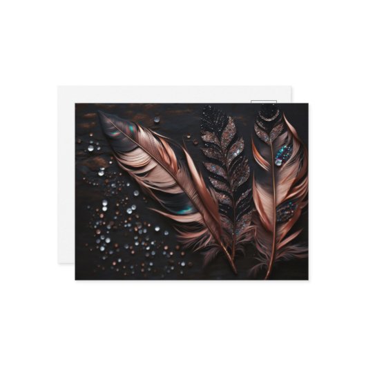 ピンク & ブラック 装飾 羽根 & ラインストーン ポストカード (正面/裏面インサイチュ)