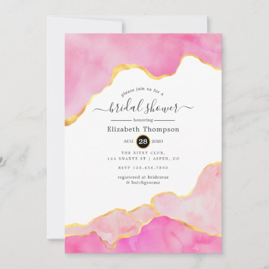 ピンク、ブラック、金ゴールドアゲートブライダルシャワー 招待状 (正面)