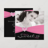 ピンク ブラック Sweet 16 誕生日パーティー 招待状 (正面/裏面)