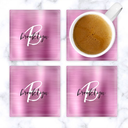 ピンク ブラッシュ メタル ブラック ホワイト スクリプト モノグラム ガラスコースター