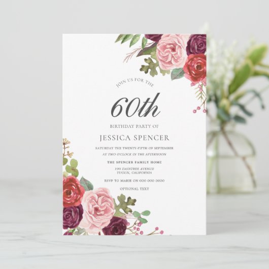 ピンク&ブルゴーニュフローラ60thバースデーパーティー招待状 招待状 (スタンド正面)