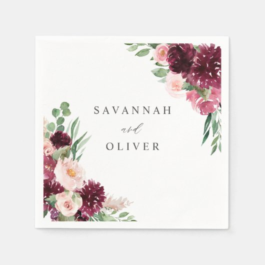 ピンク&ブルゴーニュフローラ7ナプキンス スタンダードカクテルナプキン (正面)