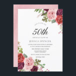 ピンク&ブルゴーニュ女性50th Birthday Party招待状 招待状<br><div class="desc">ミントピンク赤面フローラ50thバースデーパーティー招待状-女性ニッチとネストストアのマッチングコレクションを参照</div>